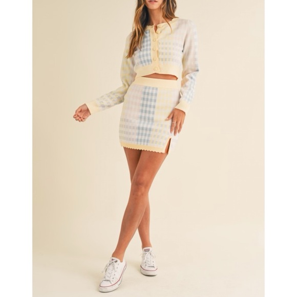 MABLE Soft Spring Pastels Color Block Checker Scalloped Skirt & Cardi Set - Picture 6 of 11